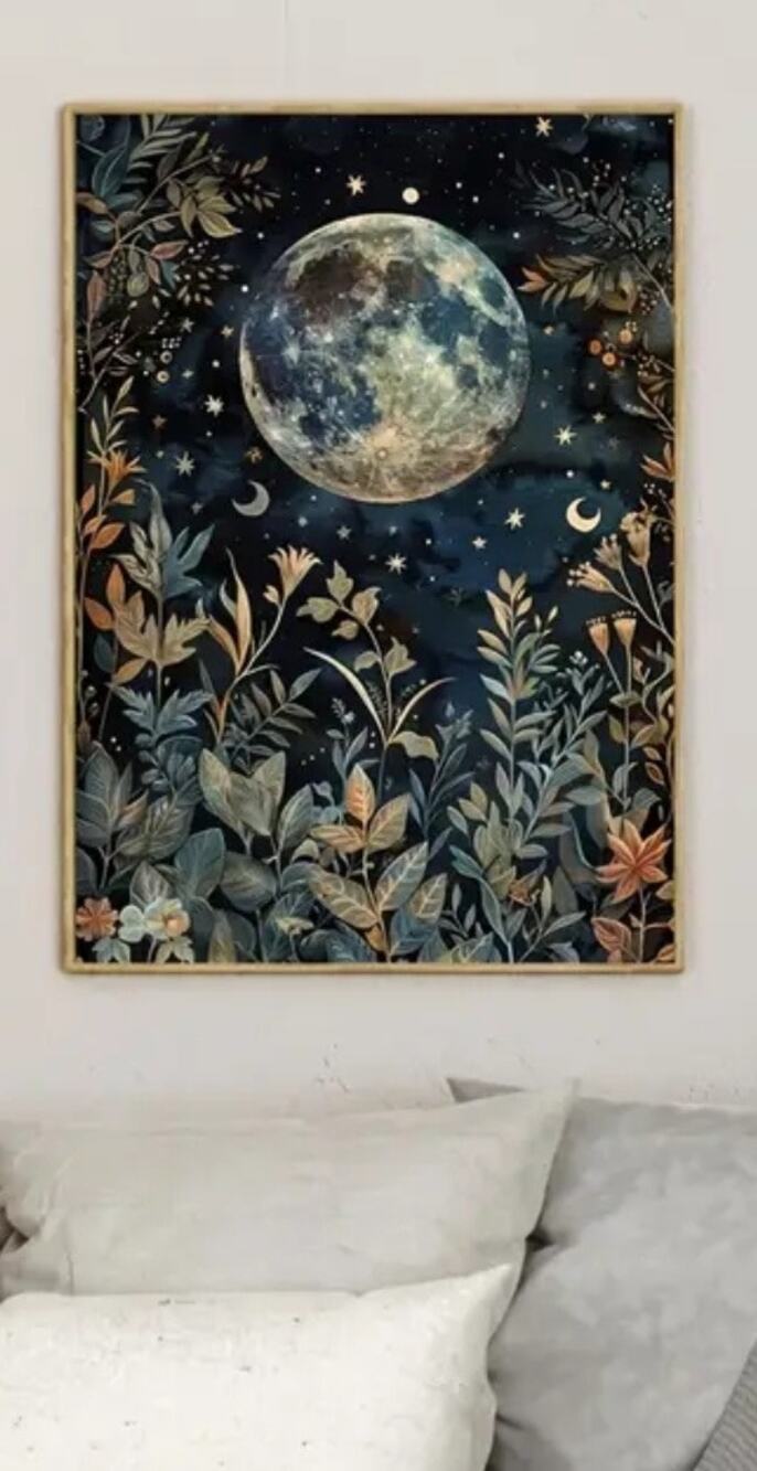 Full Moon Canvas Art Print 12"×16" Botanical Foliage Celestial Whimsigoth Sky